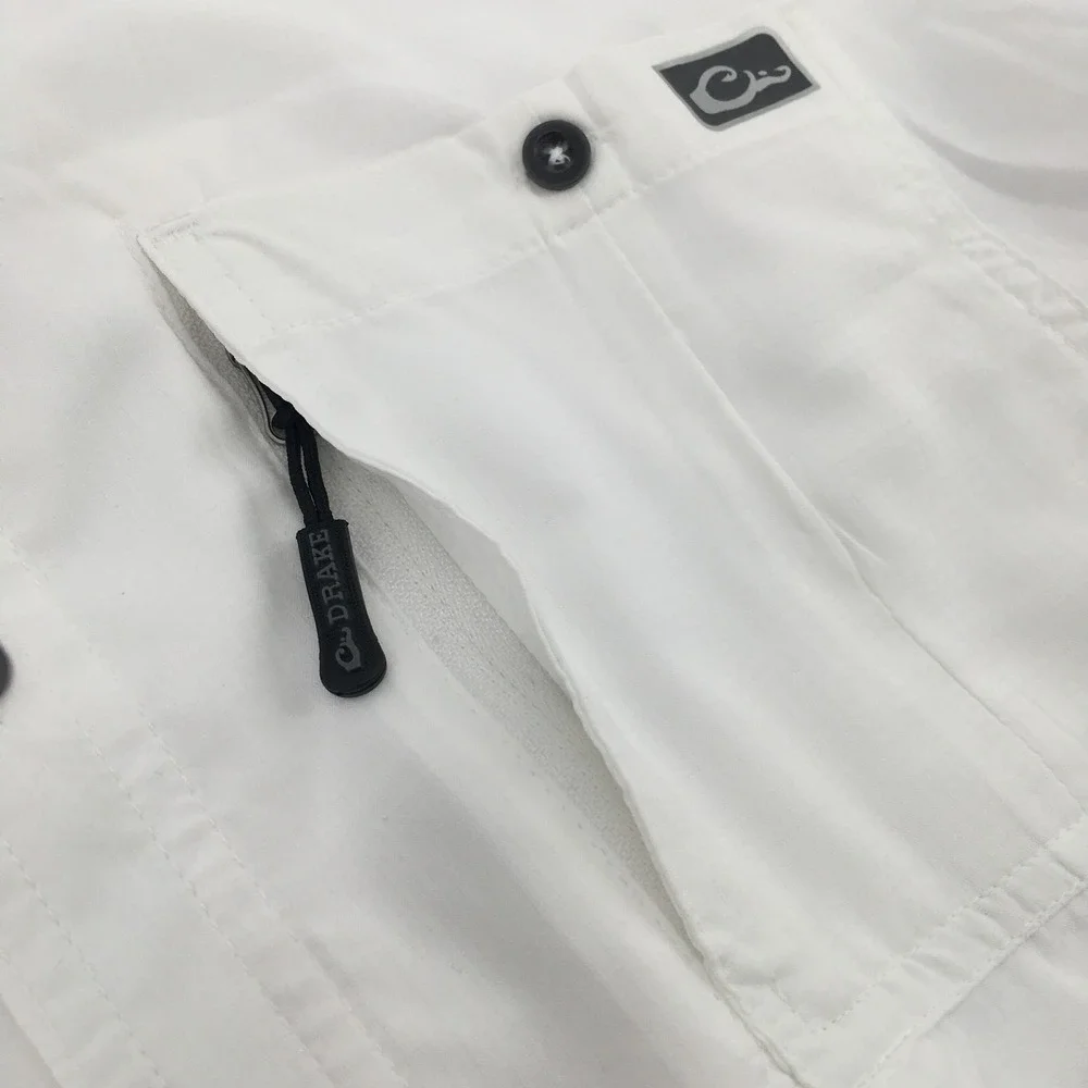 Drake Waterfowl DPF Fishing Shirt Mens Large White Short Sleeve Vented Button Up